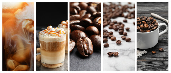 Coffee drinks and roasted beans, collage. Banner design