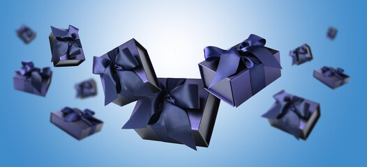 Gift boxes flying in air on blue gradient background