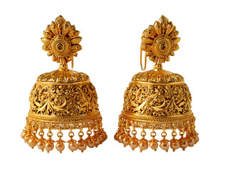 Traditional Indian gold jhumka earrings with intricate design isolated on transparent background
