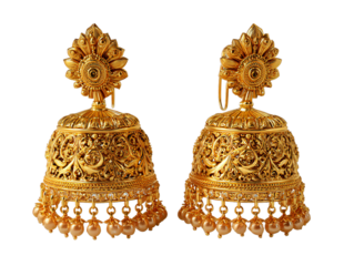 Traditional Indian gold jhumka earrings with intricate design isolated on transparent background
