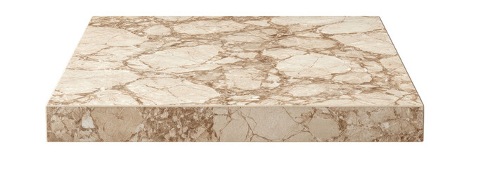 A beige stone slab with brown veining, cut at an angle