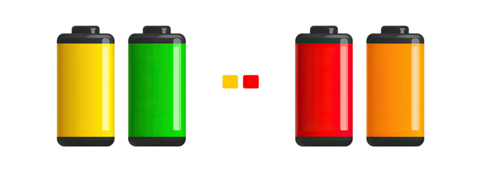 Four battery charge level indicators yellow, green, red, and orange