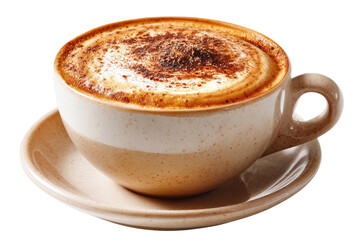 Frothy coffee beverage with cocoa dusting on creamy foam