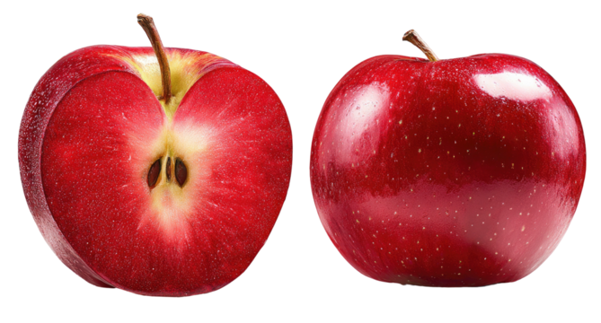 A bright red apple cut in half, showing seeds and flesh