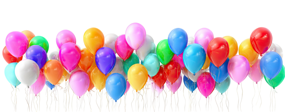 A vibrant collection of colorful party balloons floats upwards