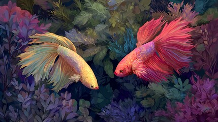 Illustration of ornamental betta fish with its bright colors and long, elegant fins