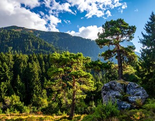 Sunny mountain scene with lush forests and striking trees