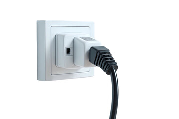 White electrical outlet with a black cord and plug connected