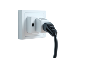 White electrical outlet with a black cord and plug connected