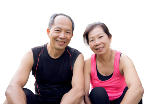 Healthy Senior Couple Smiling: A senior couple radiates joy and vitality as they sit side-by-side, their smiles reflecting a shared journey of health, happiness, and active living.