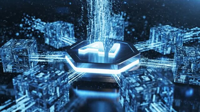 Artificial intelligence conceptual imagery digital illustration futuristic data cubes and processing symbols