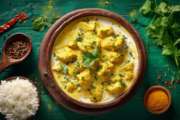 a bowl of chiken korma with a small amount of rice,  overhead on an green background 