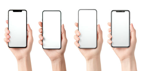 Four hands holding blank smartphones against a black background
