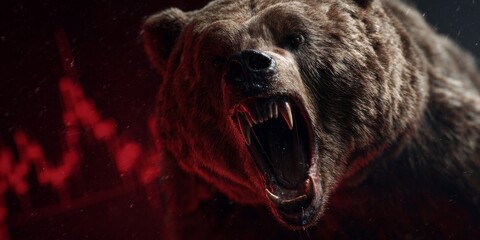 Furious bear closeup with financial downtrend chart red background