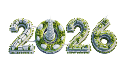 The year 2026 as a futuristic green city. A 3D render of sustainable urban architecture. Perfect for ecology, technology, or New Year's concepts. Isolated.