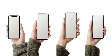 Four hands hold up smartphones in a row