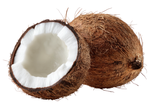 A whole and a halved coconut with white flesh and brown outer shell