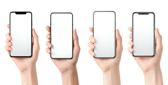 Four hands holding blank smartphones against a black background