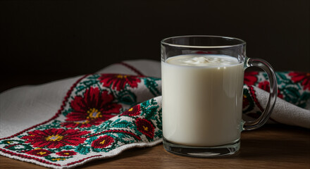 Rustic still life with a glass of fresh milk and traditional embroidered cloth.
