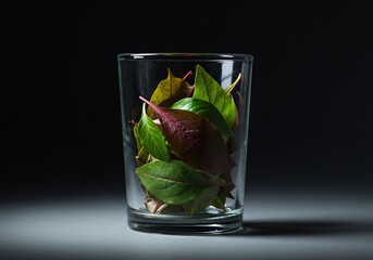 A transparent glass pint container brimming with an assortment of fresh, colorful leaves, capturing nature's vibrant textures and seasonal essence ,yellow ,autumn ,assortment