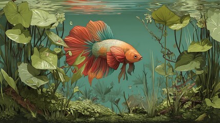 Illustration of ornamental betta fish with its bright colors and long, elegant fins