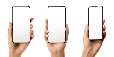 Three hands holding smartphones with blank screens against black