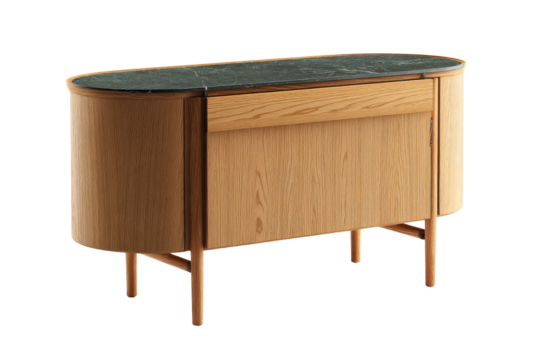 Elegant Wooden Console Table: A stylish wooden console table, with a green marble top, is showcased against a minimalist backdrop, presenting a blend of design and functionality.