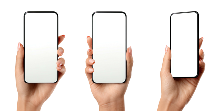 Three hands holding smartphones with blank screens against black