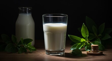 Still life of fresh milk in a glass and bottle on a dark rustic table.