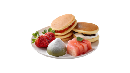 A delicious platter of Japanese sweets features stacked dorayaki pancakes with strawberry and red bean fillings alongside fresh strawberries a powdered green mochi and a pink jelly dessert