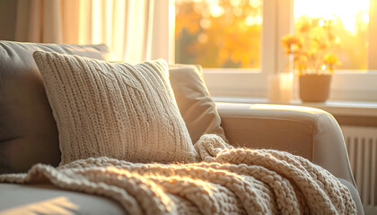 Soft blanket and pillow on a couch with warm evening light — cozy atmosphere for home and lifestyle imagery