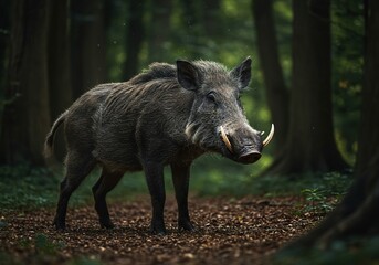 A unique creature blending rabbit features with wild boar characteristics, featuring tusks and long ears in a woodland setting ,mythical beast ,art ,tusks