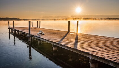 Obraz premium Frozen Lake Wooden Pier with Ice Skates - Warm Horizon Light