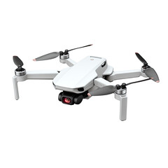 Compact white quadcopter drone with camera and red lens accent