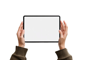Hands holding a blank tablet computer screen horizontally
