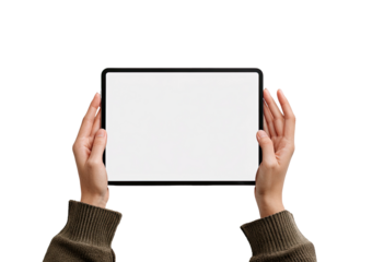 Hands holding a blank tablet computer screen horizontally