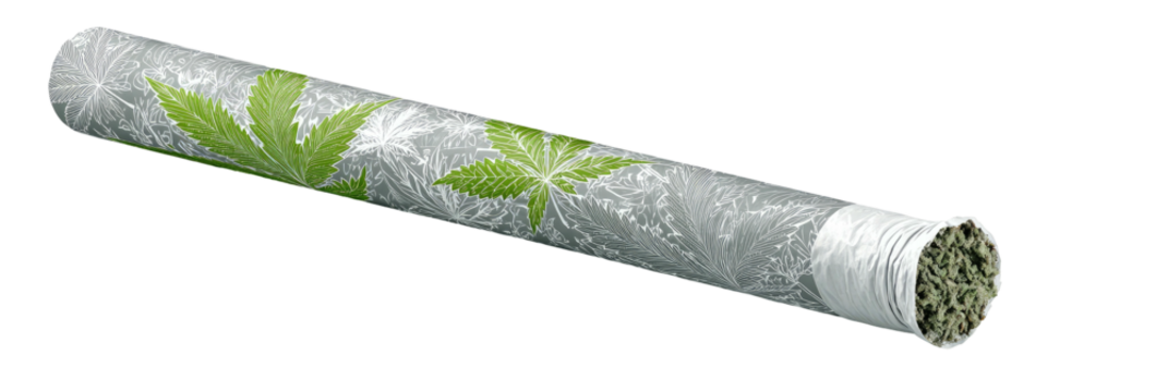A rolled paper with green leaf patterns and filled with plant material