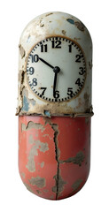 Worn time capsule featuring clock face, embodying passage of life and decay