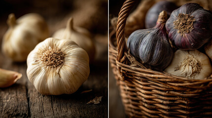 Whole garlic bulb wooden table head garlic bulb garlic basket black garlic woven basket wooden table close up kitchen ingredient spice cooking ingredient root vegetable papery skin natural light