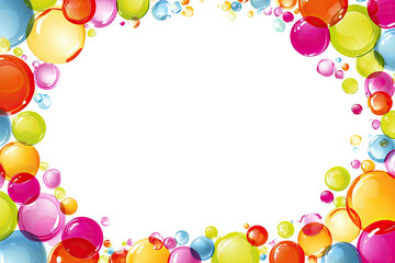 Colorful, glossy spheres form an oval frame around a dark void