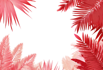 Vibrant coral-pink palm fronds framing a dark void
