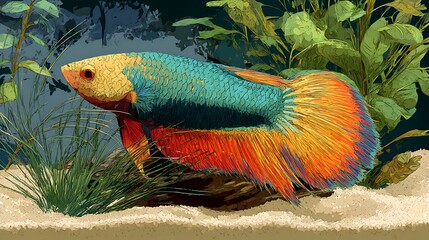 Illustration of ornamental betta fish with its bright colors and long, elegant fins