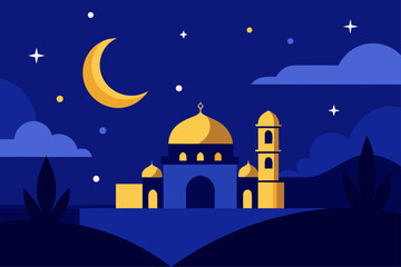 Fototapeta premium Isra Miraj night journey illustration — Prophet Muhammad’s ascension with glowing stars