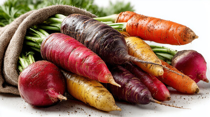 Colorful heirloom carrot and radish bundle with soil on roots, rustic burlap and green tops showing fresh garden harvest and earthy texture