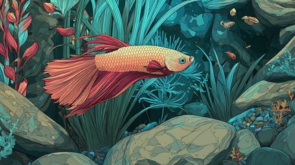 Illustration of ornamental betta fish with its bright colors and long, elegant fins