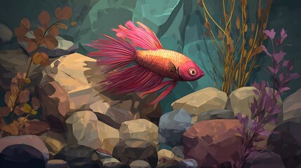 Illustration of ornamental betta fish with its bright colors and long, elegant fins