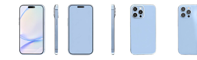 Light blue smartphone viewed from front, sides, and back