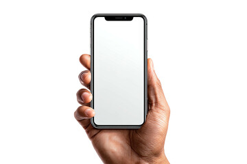 Hand holding a modern smartphone with a blank white screen