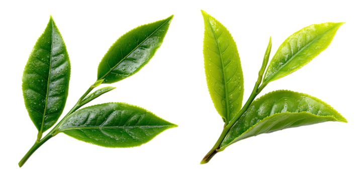 Two sprigs of fresh green tea leaves on a black background