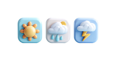 Three animated weather icons sun, rain, and lightning